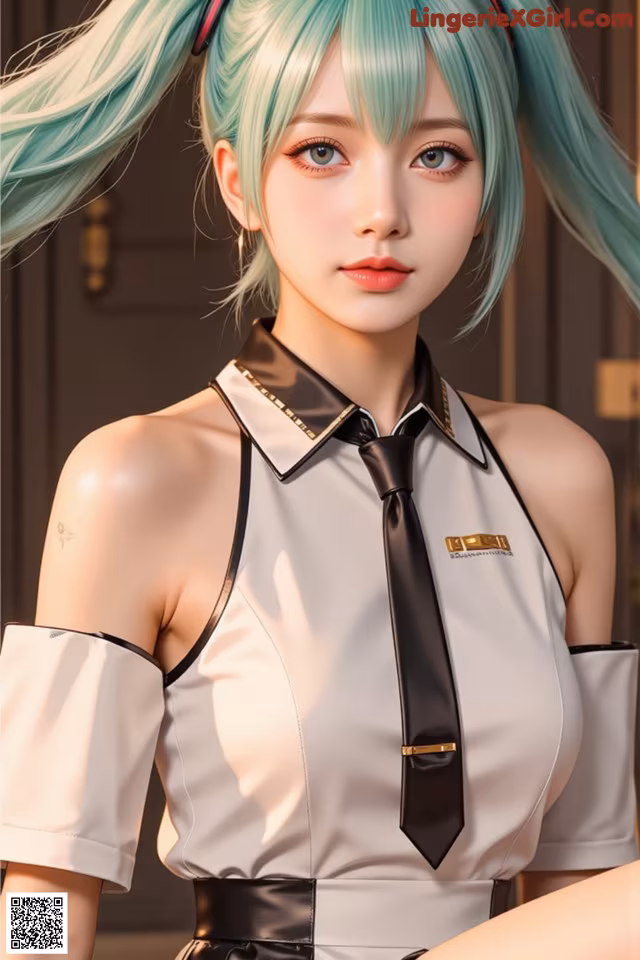 A woman with blue hair wearing a white shirt and black tie.