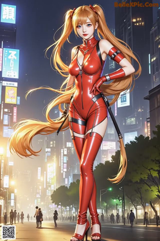 A woman in a red latex outfit standing in the middle of a city.