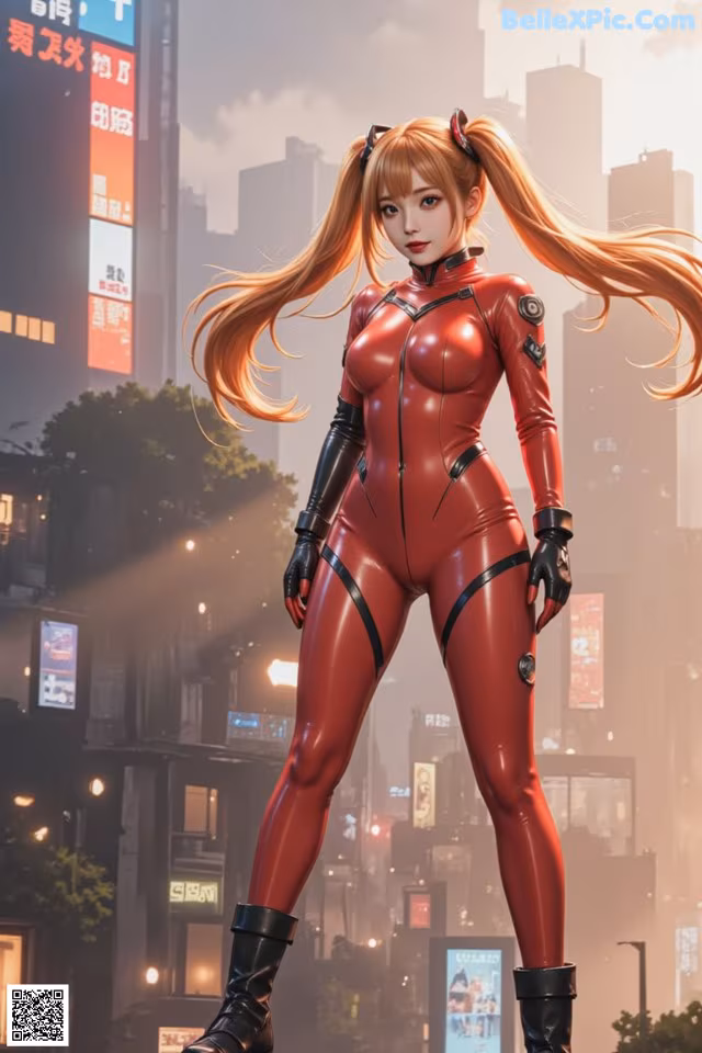 A woman in a red latex outfit standing in the middle of a city.