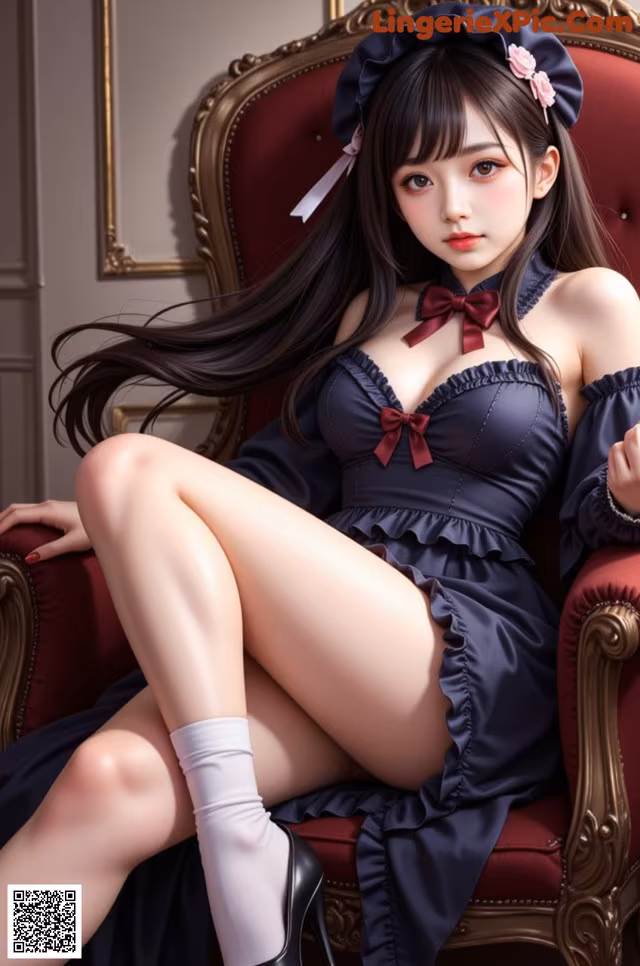 A woman in a blue dress sitting on a red chair.