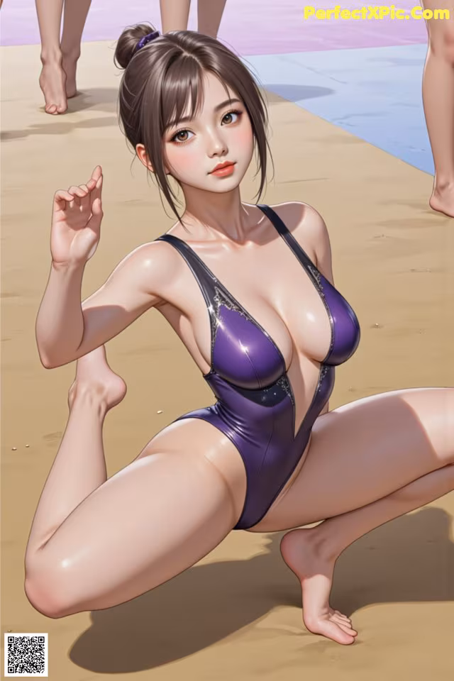 A woman in a purple bathing suit sitting on the ground.