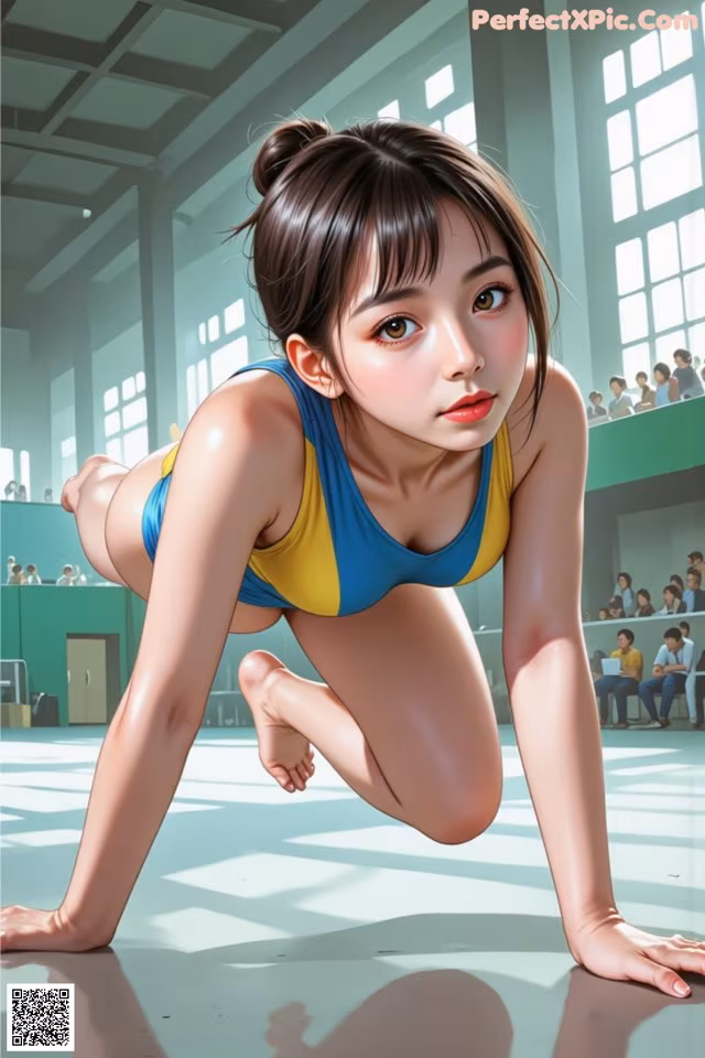 A woman in a blue and yellow bathing suit crouching on the floor.