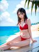 A woman in a red bikini sitting on a wooden dock.