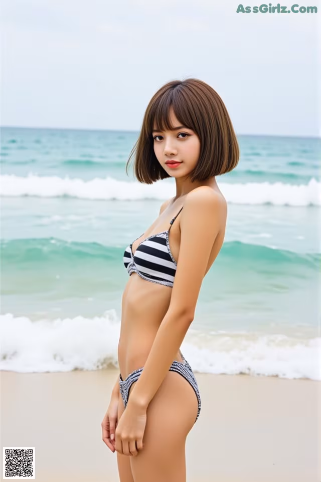 A woman in a bikini standing on a beach.