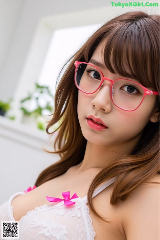 A woman wearing a white bra and pink glasses.
