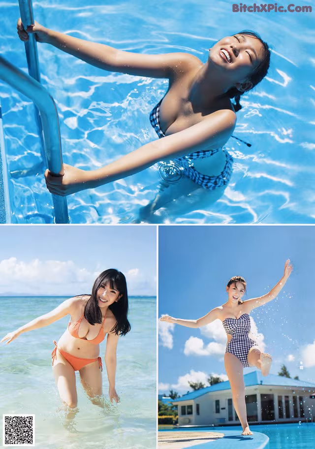 A woman in a bikini standing in a swimming pool.