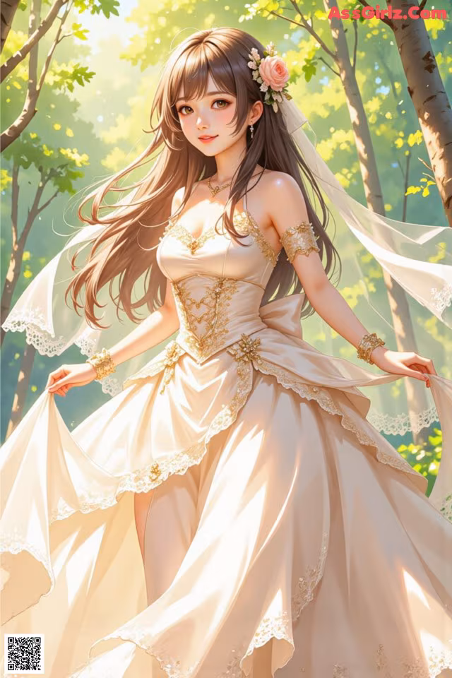 A woman in a wedding dress standing in the woods.