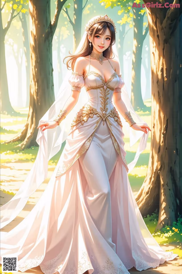 A woman in a wedding dress standing in the woods.