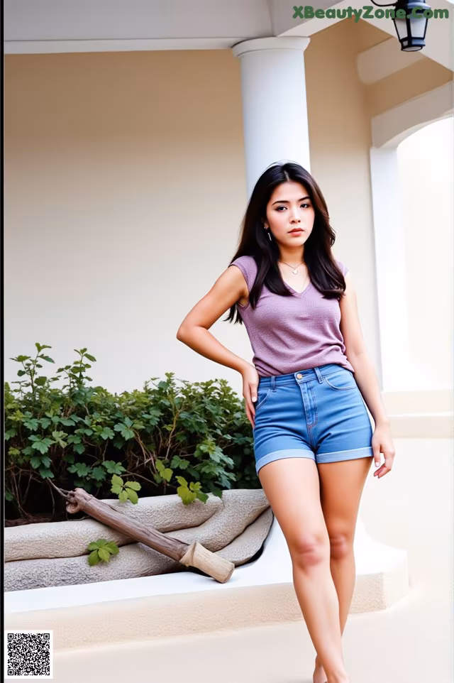 A woman in a purple shirt and blue shorts posing for a picture.
