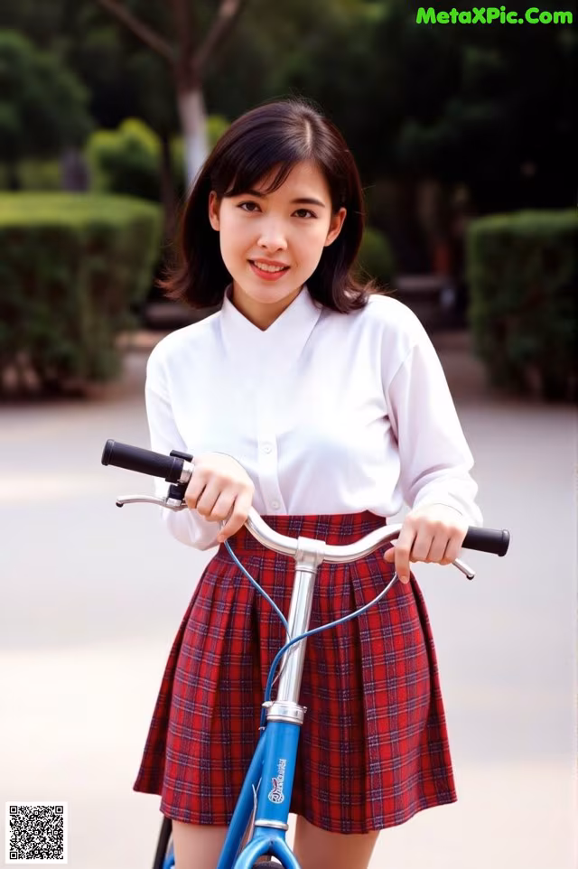 A young woman in a school uniform riding a bike.