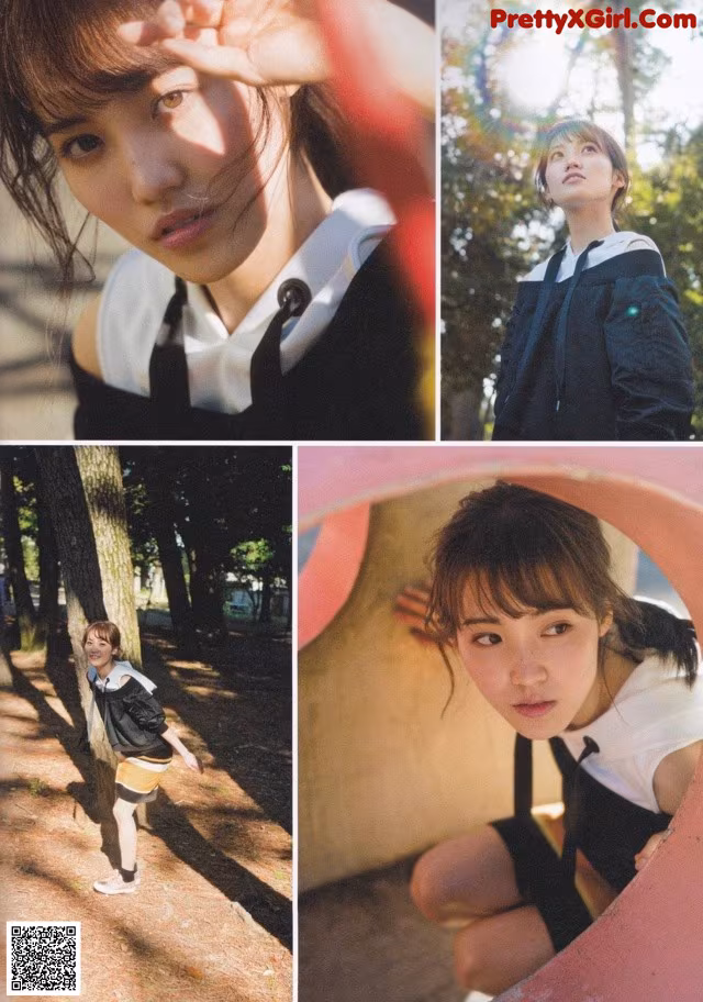 A collage of photos of a woman in a school uniform.