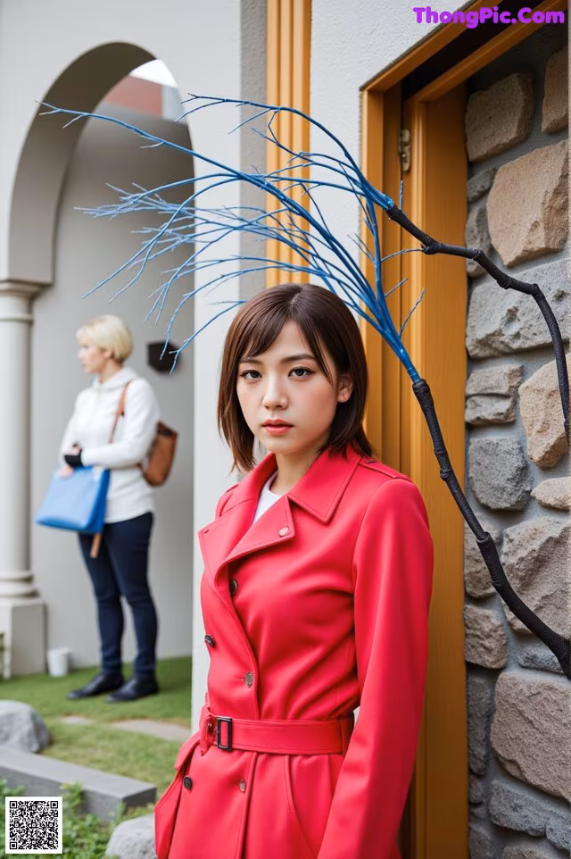 A woman in a red coat standing in front of a building.