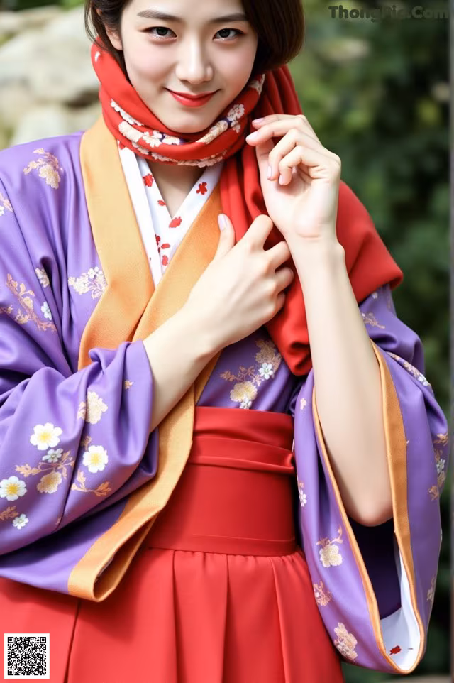 A woman wearing a purple and red kimono and a red scarf.