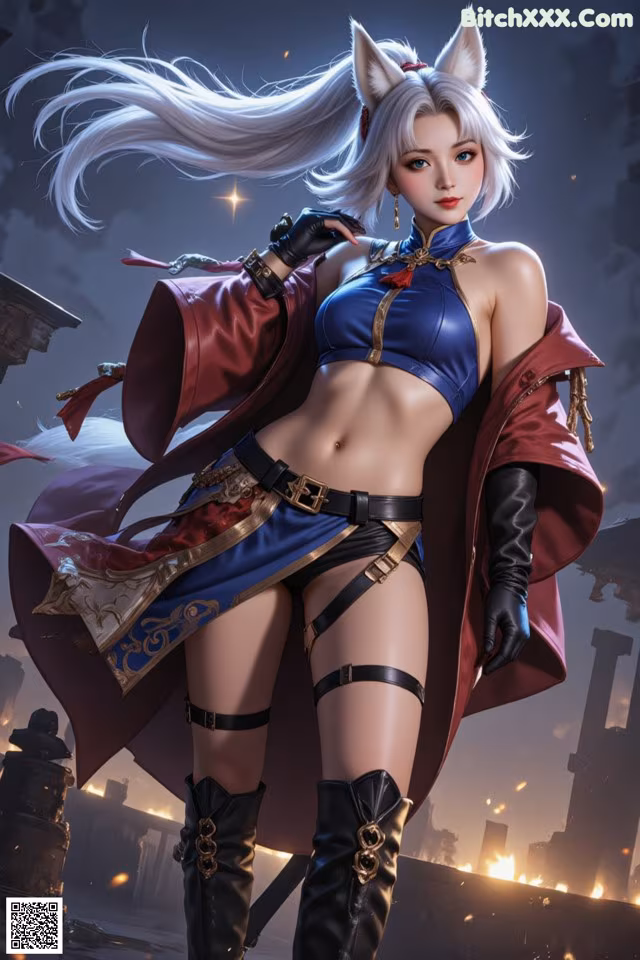 A woman in a blue and red outfit holding a sword.