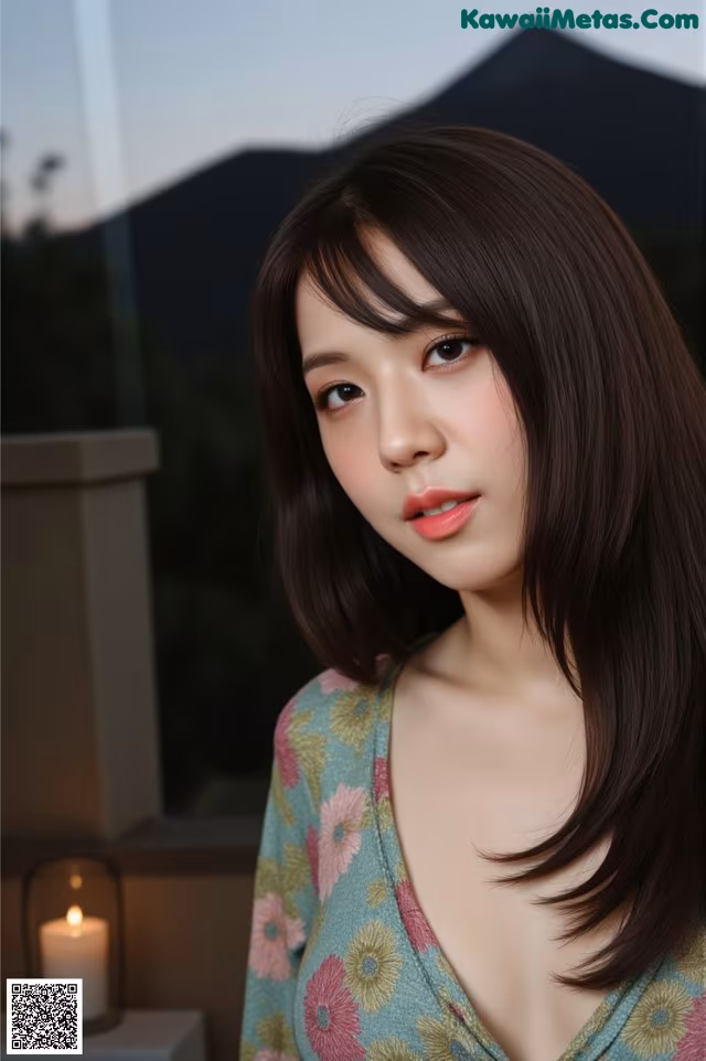 A woman with long brown hair wearing a floral dress.