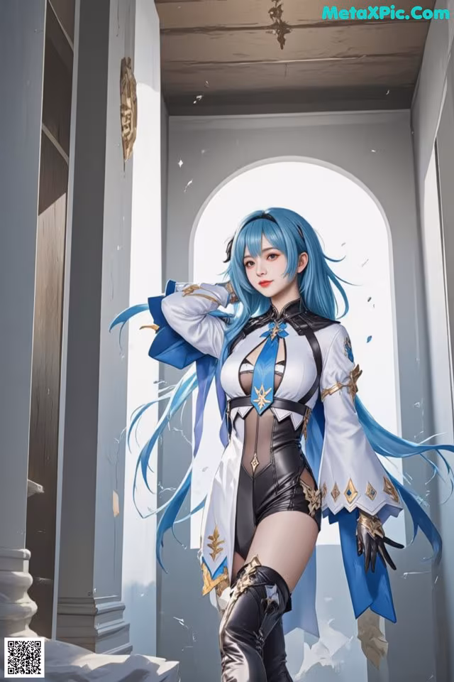 A woman with long blue hair standing in an archway.