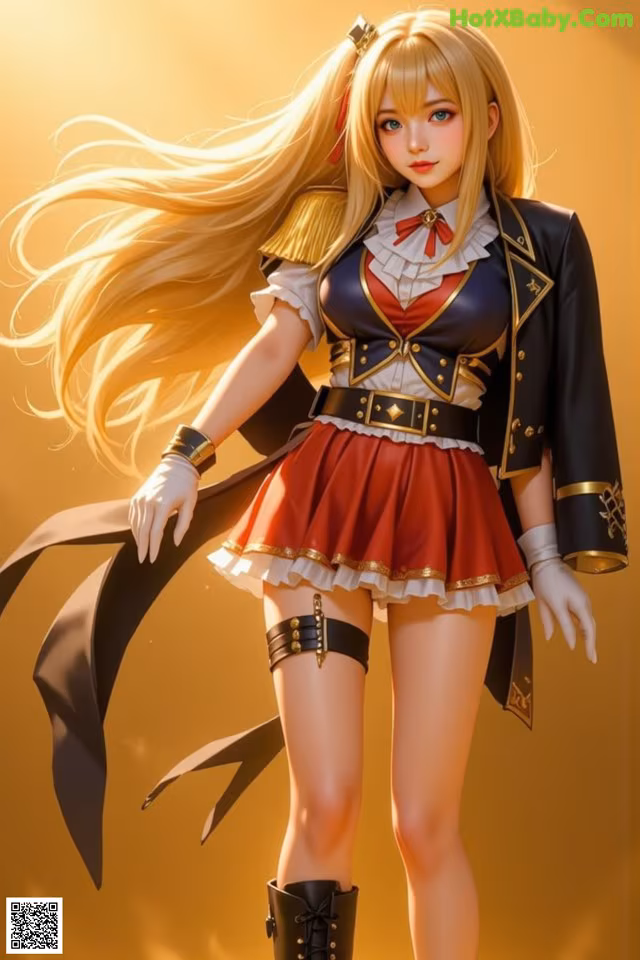 A woman in a red and black outfit holding a sword.