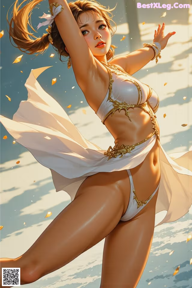 A woman in a white bikini is dancing on the beach.