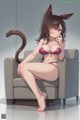 A woman in a bikini sitting on a couch with a cat tail.