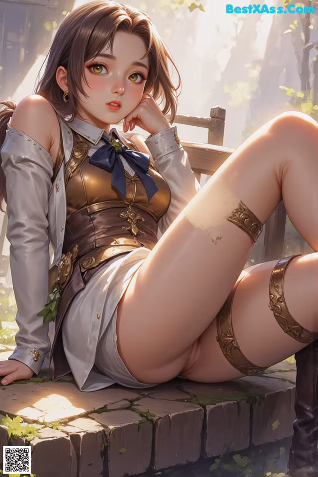 A woman sitting on a bench in a forest.