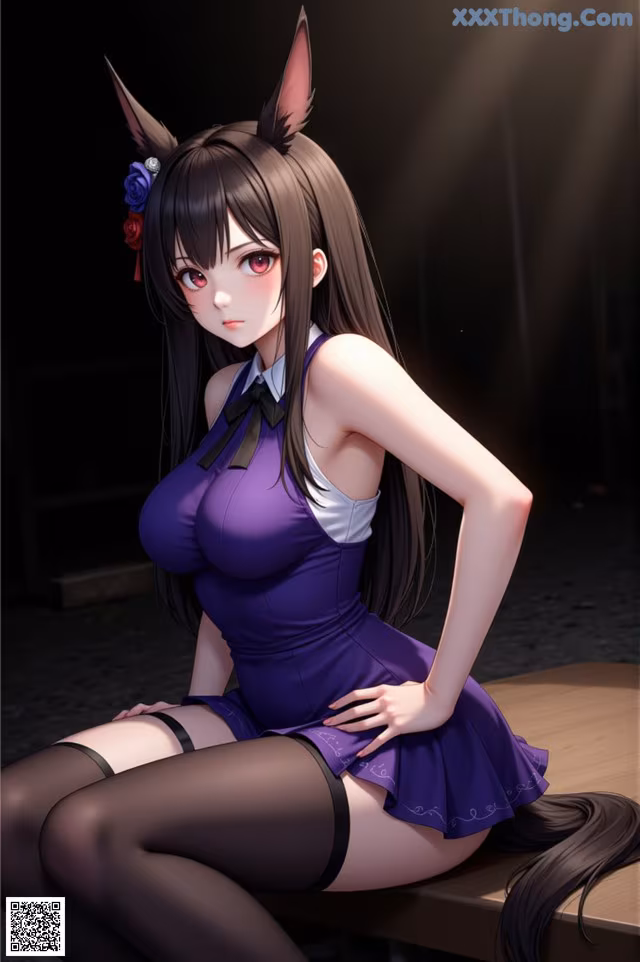 A woman in a purple dress sitting on a wooden table.