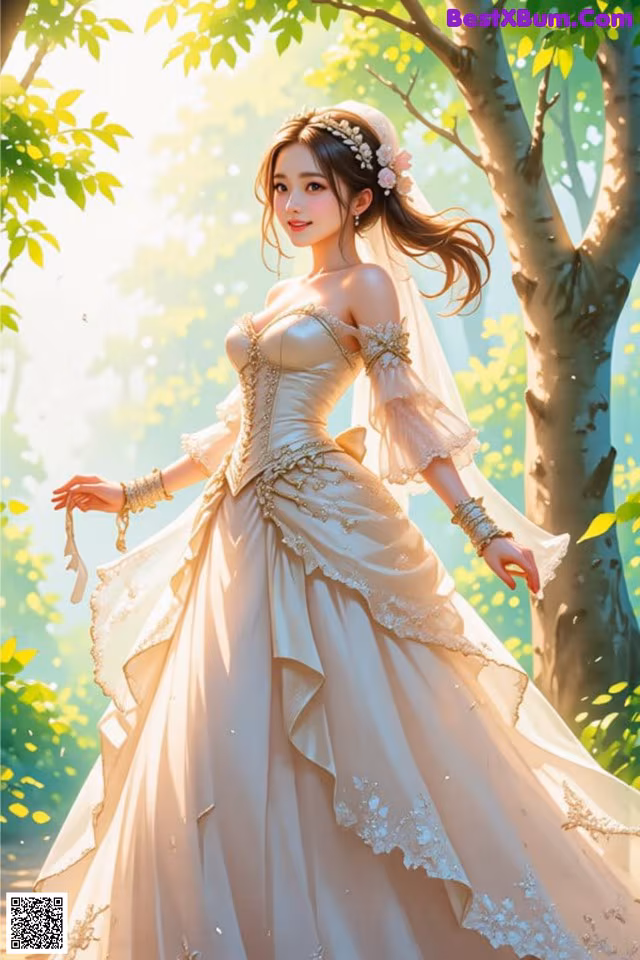 A woman in a wedding dress standing in the woods.