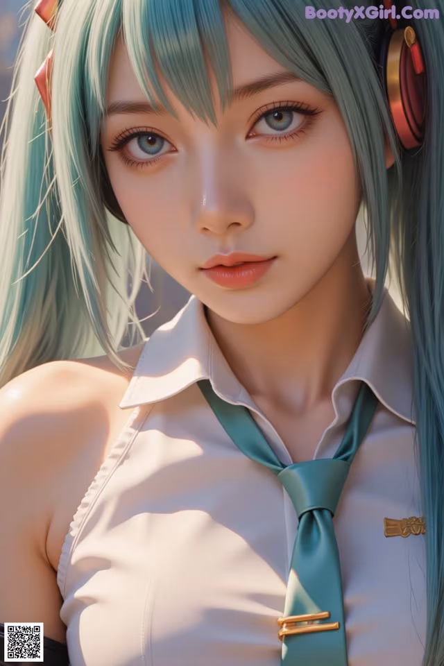 A girl with green hair wearing headphones and a tie.