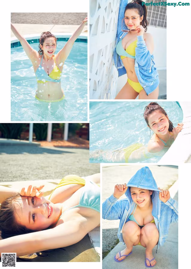 A collage of photos of a woman in a yellow bikini.