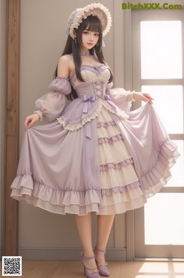 a woman in a purple dress and hat posing for a picture