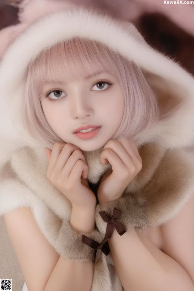 A woman with pink hair wearing a fur coat.