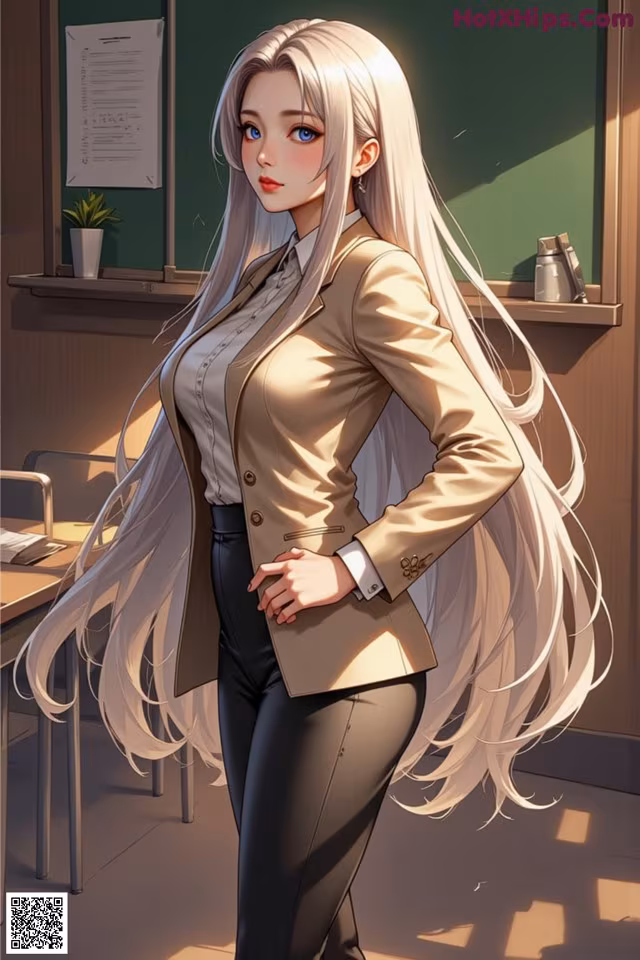 A woman with long white hair standing in front of a blackboard.