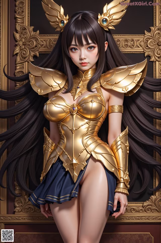 A woman in a gold and blue outfit posing for a picture.