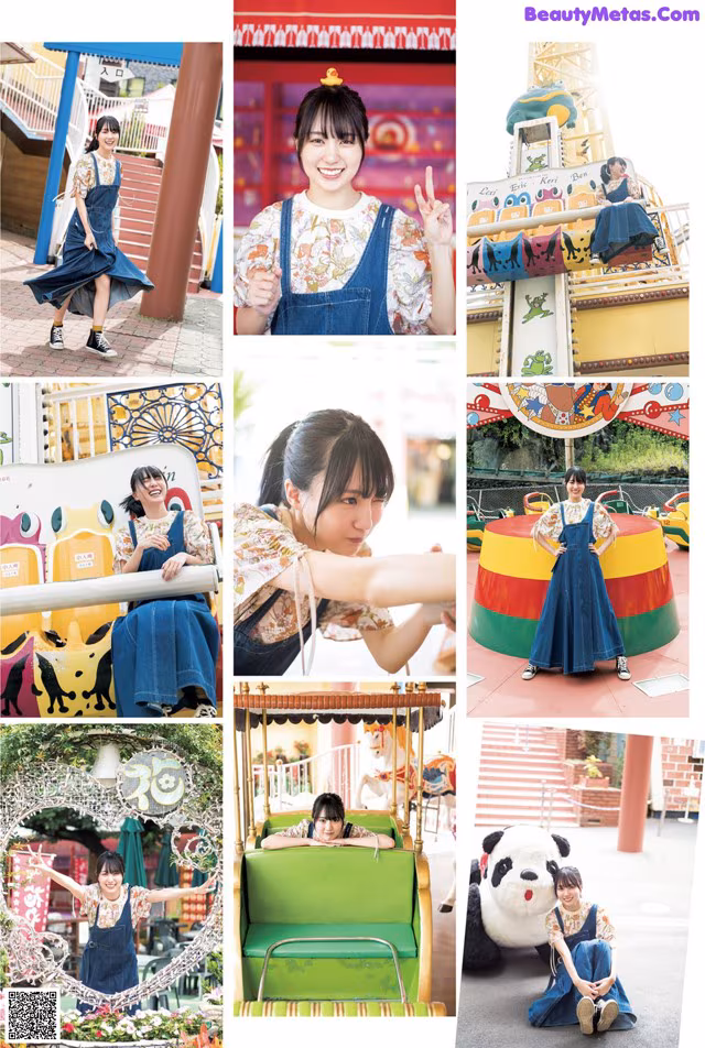 A collage of photos of a woman in a blue dress.